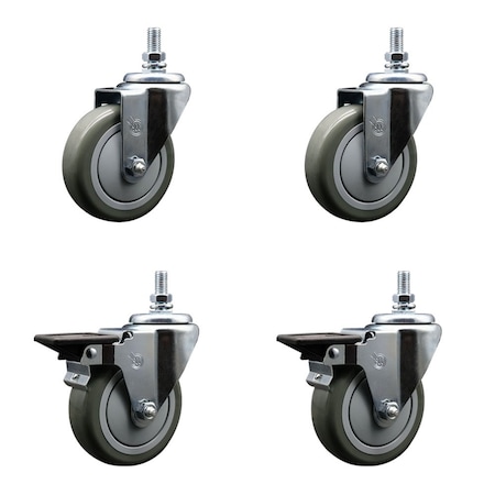 Service Caster 4 Inch Gray Polyurethane 12 Inch Threaded Stem Caster Set 2 Brakes SCC SCC-TS20S414-PPUB-121315-2-PLB-2